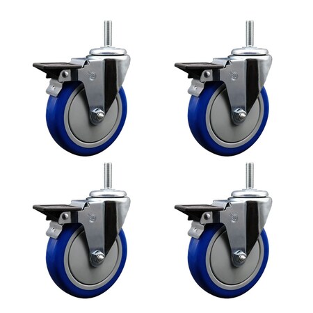 Service Caster 5 Inch Blue Polyurethane Wheel Swivel 34 Inch Threaded Stem Caster Set with Brake SCC SCC-TS20S514-PPUB-BLUE-PLB-34212-4